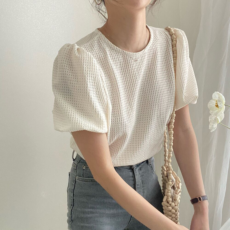 溫柔鏤空圓領泡泡袖針織T恤(3色)