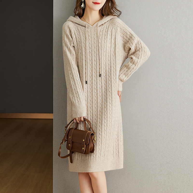 麻花紋路連帽中長款休閒針織連身裙(4色)