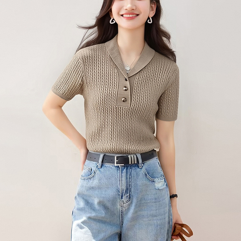 韓系麻花修身短袖針織衫