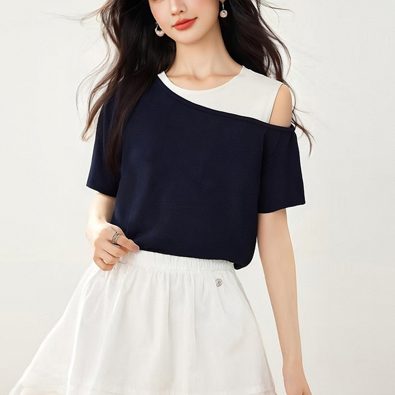 優雅撞色露肩短袖T恤(2色)