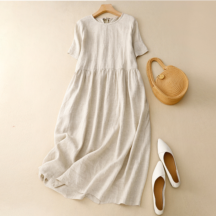 簡約圓領中袖繫帶大擺連身裙(3色)