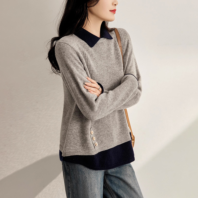 撞色翻領疊搭層次假兩件針織套衫