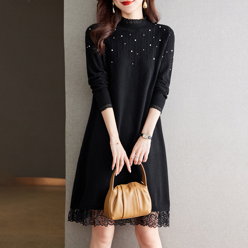 洋氣蕾絲半高領針織毛衣連身裙(4色)