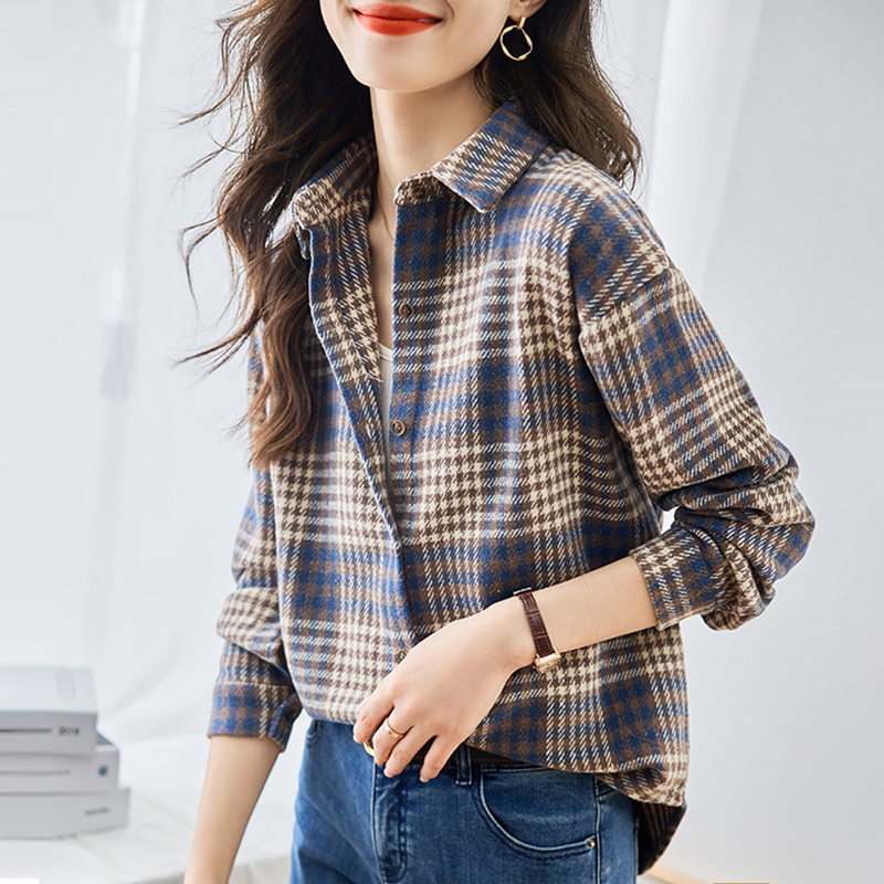 復古磨毛撞色格紋寬鬆翻領襯衫