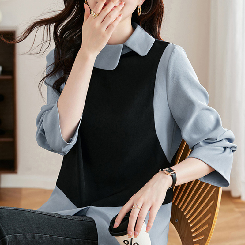 撞色娃娃領喇叭袖拼接假兩件襯衫