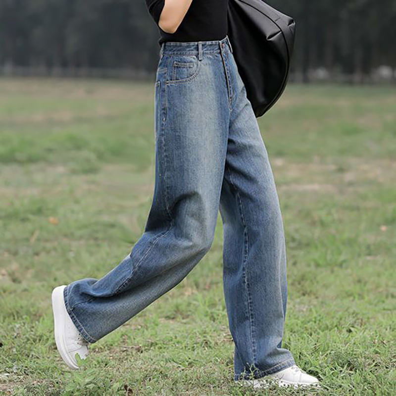 寬鬆百搭拖地垂感直筒闊腳水洗牛仔褲