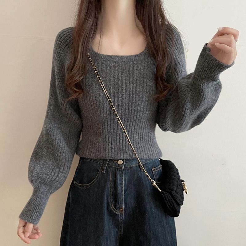 休閒寬鬆百搭方領軟糯燈籠袖針織衫(3色)