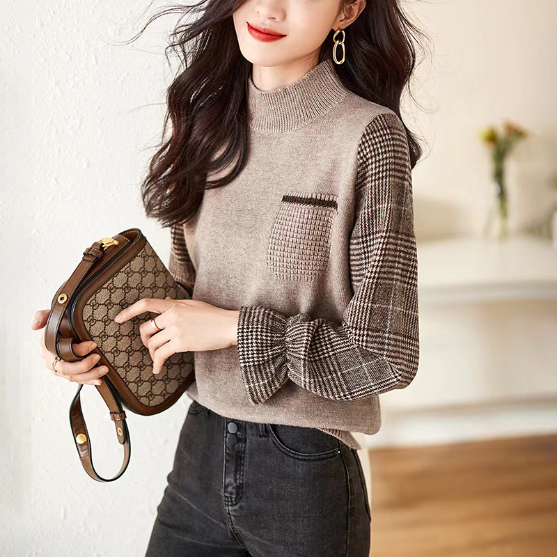 簡約百搭復古英倫風拼色格紋喇叭袖針織衫(3色)