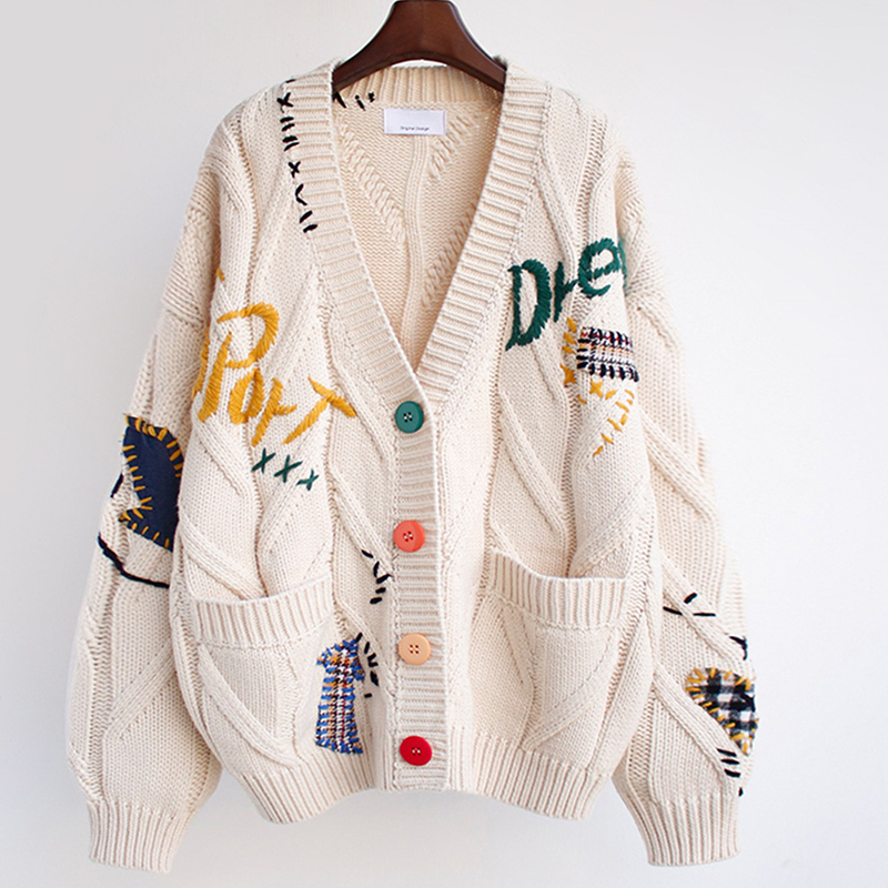 慵懶風寬鬆字母刺繡V領針織開襟衫(3色)