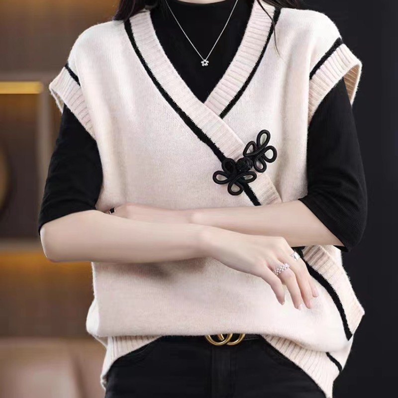 復古設計感盤扣v領寬鬆無袖馬甲針織(3色)