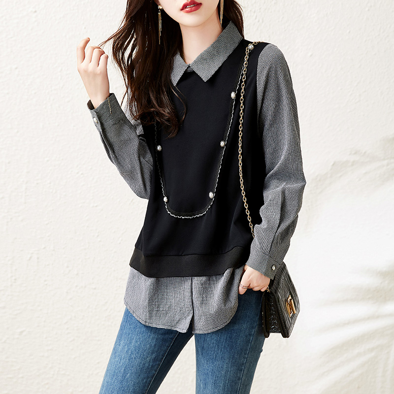 寬鬆撞色條紋假兩件針織拼接衛衣