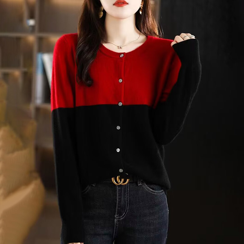 韓系寬鬆拼色圓領針織開襟衫(5色)