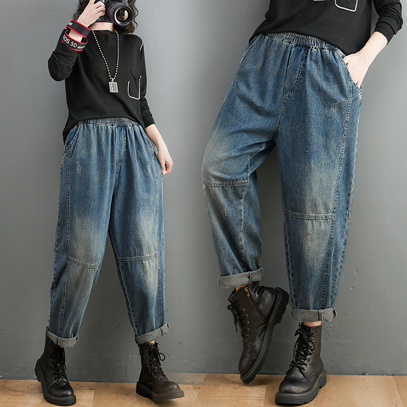 復古寬鬆洗水磨白高腰九分牛仔褲