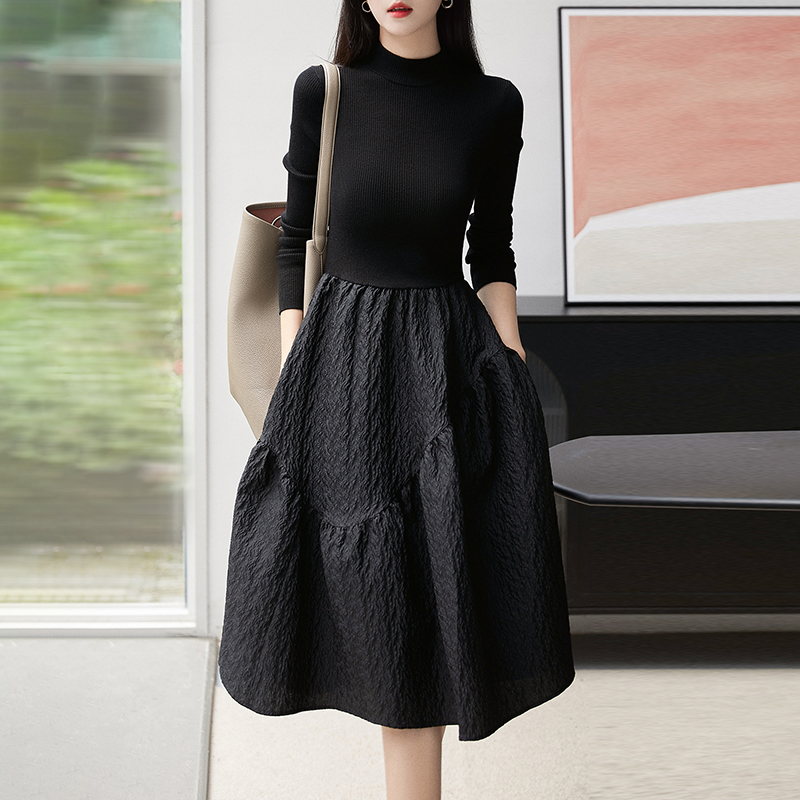 法式復古針織衫拼接蓬蓬連身裙