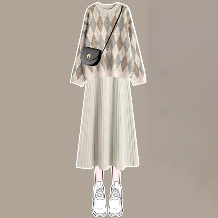 日系復古菱形針織毛衣杏色吊帶裙兩件套