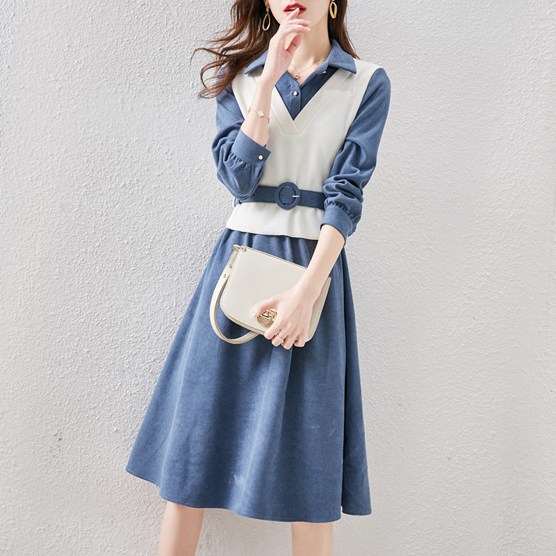 時尚韓版假兩件翻領腰帶收腰A字連身裙(3色)