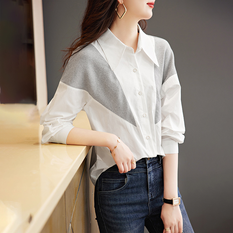 休閒舒適寬鬆撞色拼接長袖襯衫