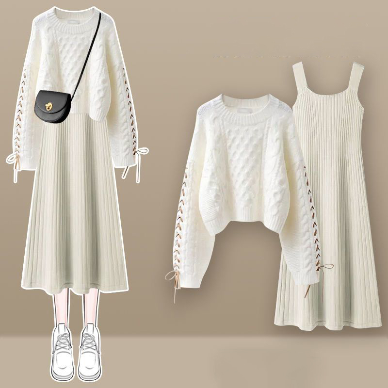 法式桔梗設計感針織毛衣無袖連身裙兩件套(3色)