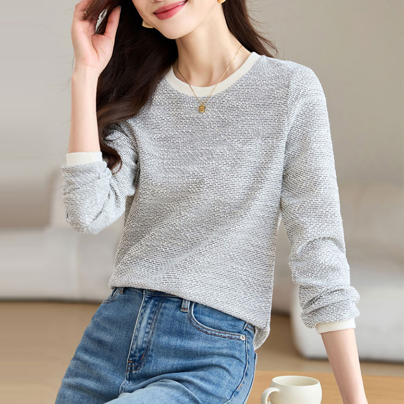 撞色小香風直筒寬鬆針織長袖T恤