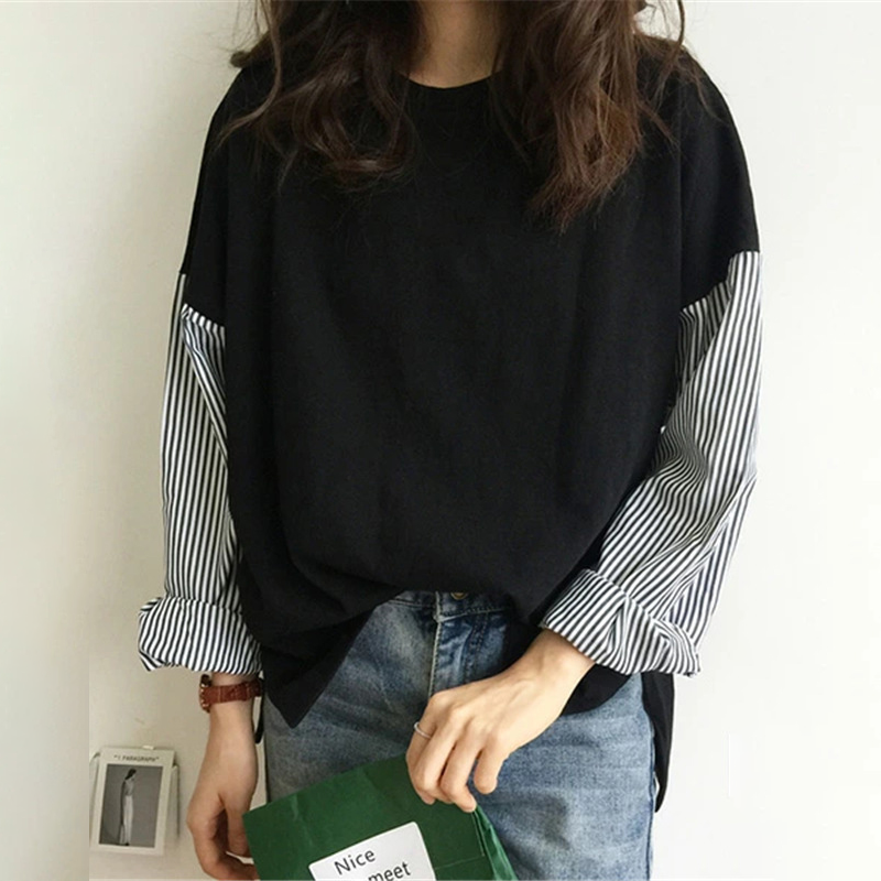 日本樂天爆款寬鬆百搭BF風條紋拼接長袖T恤(3色)