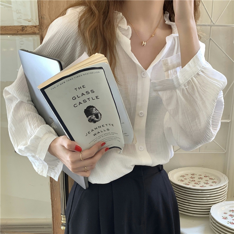 簡約木耳邊V領長袖襯衫