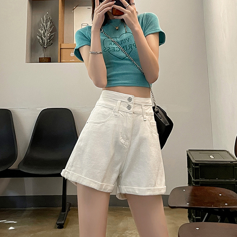 韓系高腰兩粒扣A字牛仔短褲