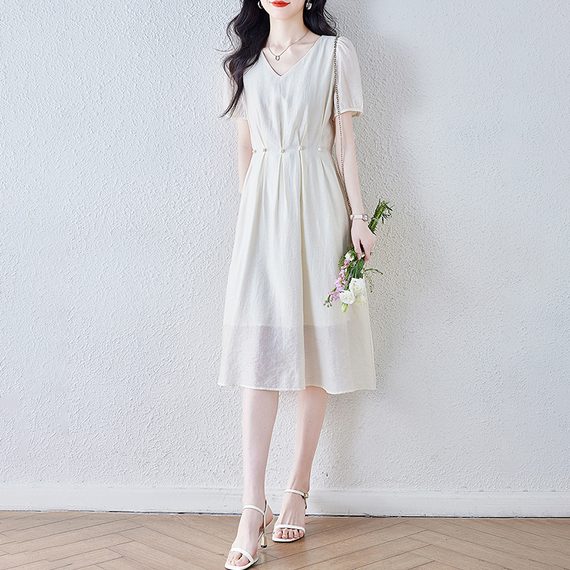 法式V領收腰短袖連身裙