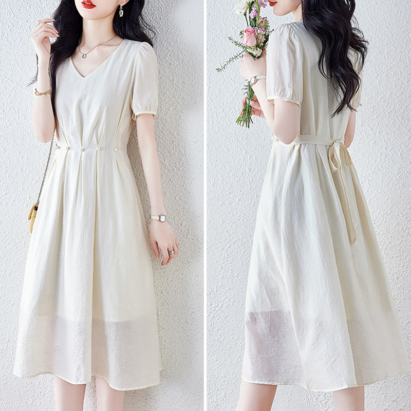 法式V領收腰短袖連身裙