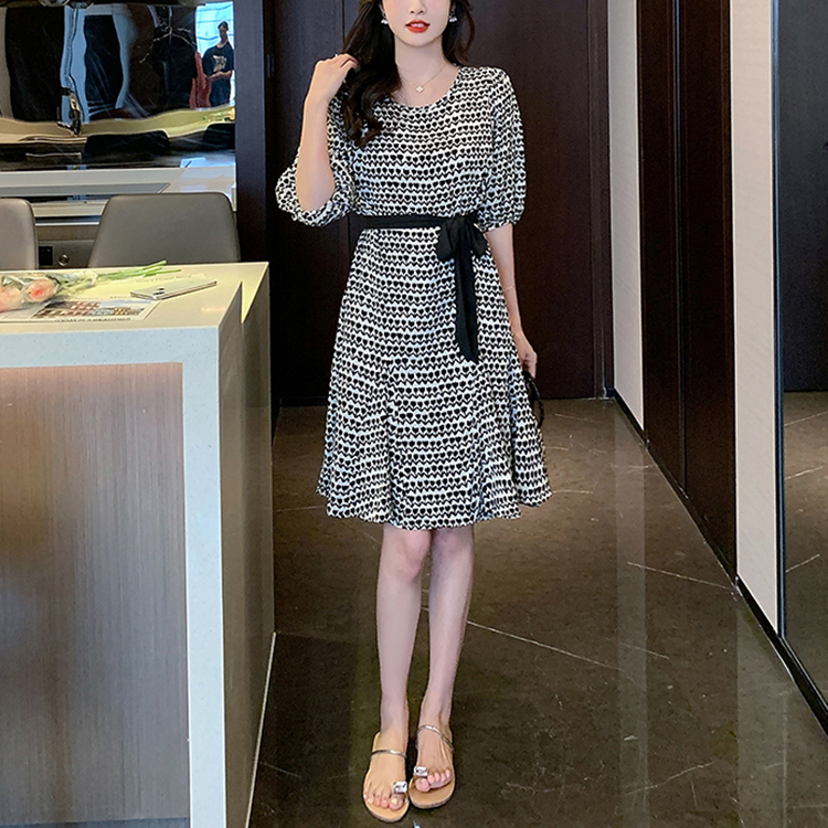 法式復古印花中長款連身裙