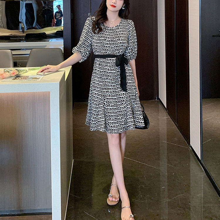 法式復古印花中長款連身裙