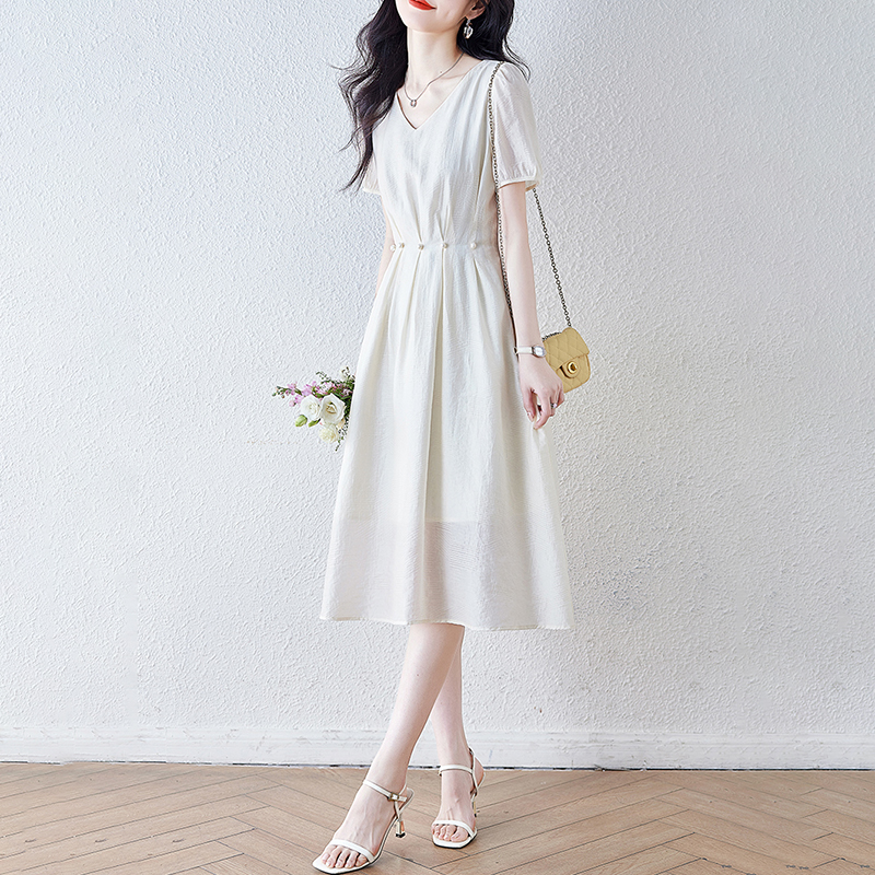 法式V領收腰短袖連身裙