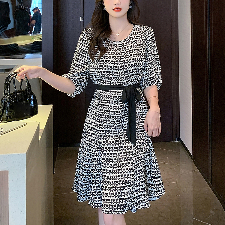 法式復古印花中長款連身裙