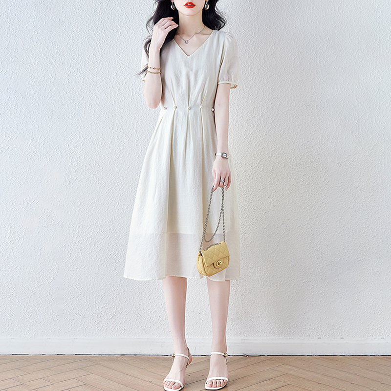 法式V領收腰短袖連身裙