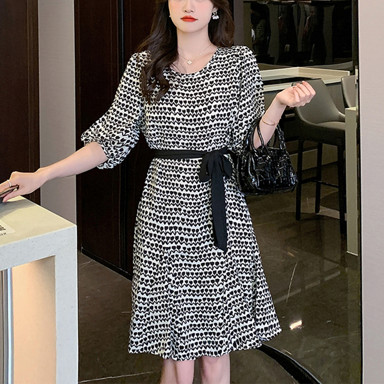 法式復古印花中長款連身裙