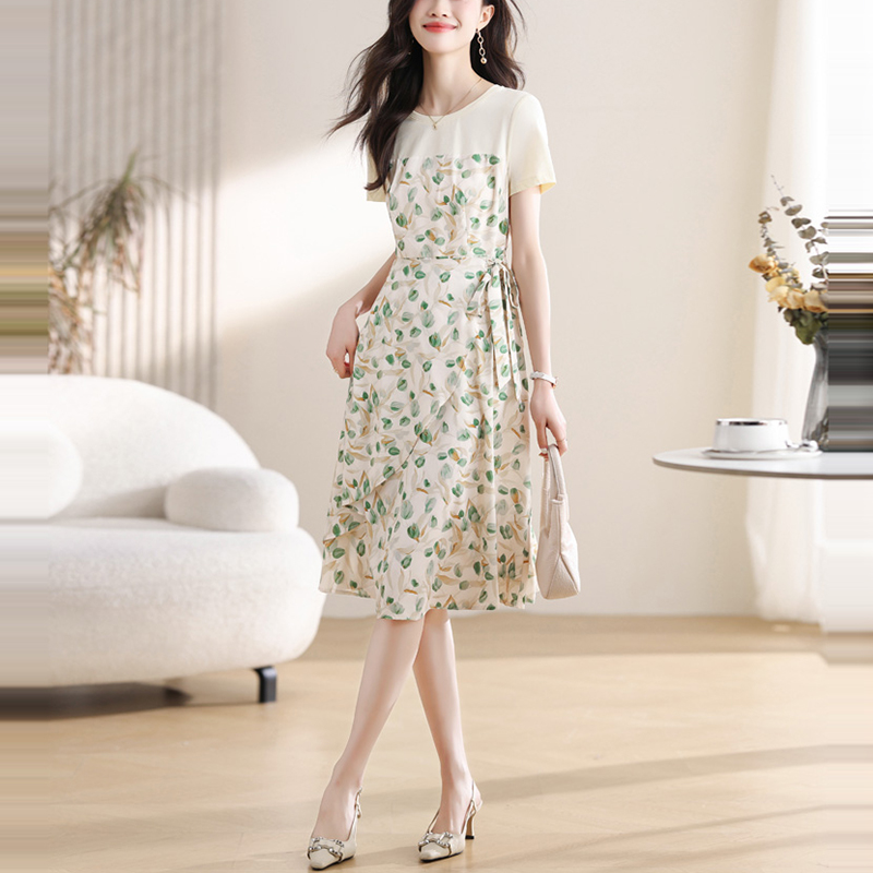 假兩件碎花短袖荷葉邊連身裙