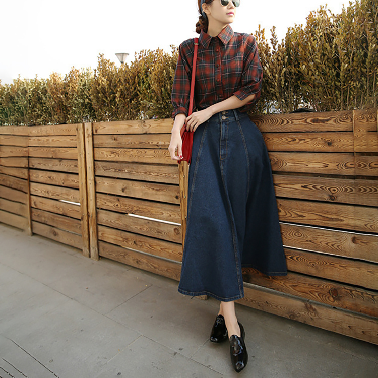 簡約復古高腰A字大擺裙半身牛仔裙(2色)