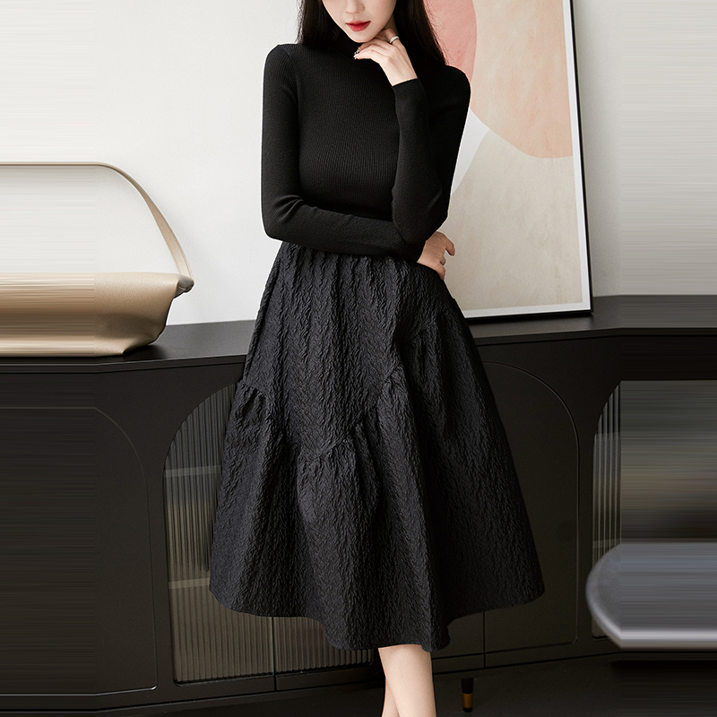 法式復古針織衫拼接蓬蓬連身裙