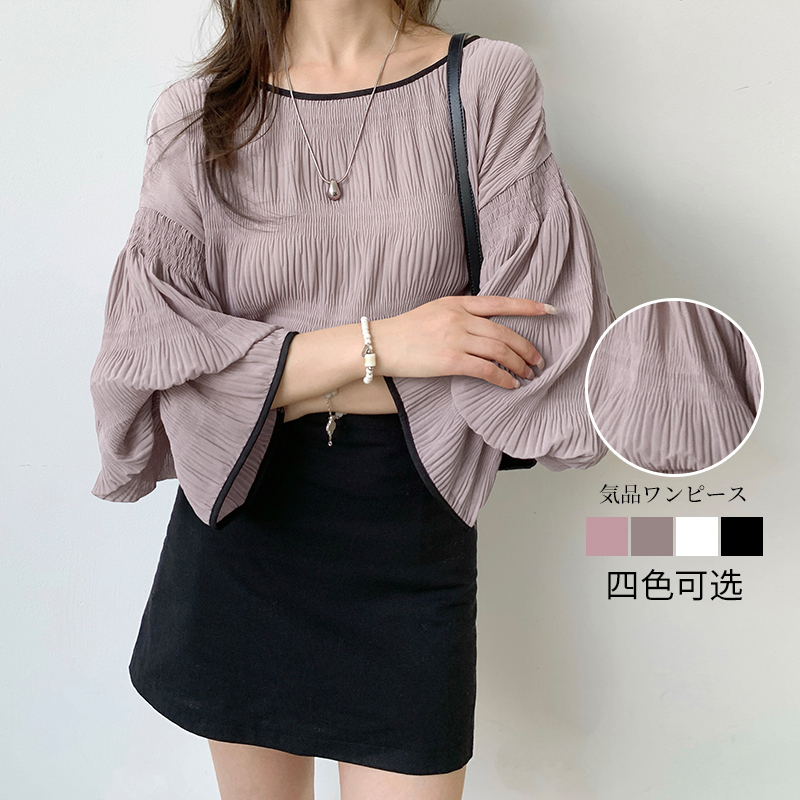 日繫褶紋壓褶後綁帶喇叭袖雪紡衫(4色)