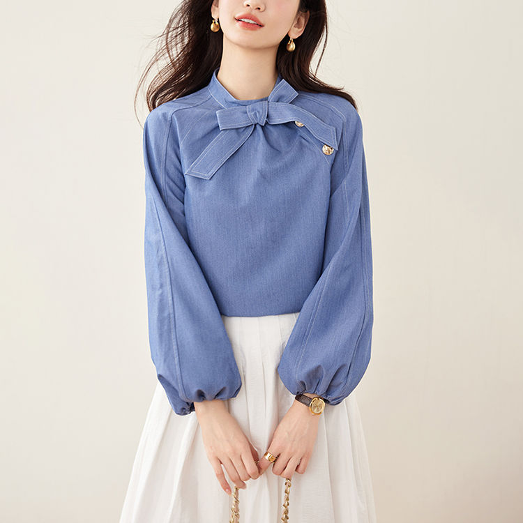 法式復古蝴蝶結繫帶泡泡袖襯衫