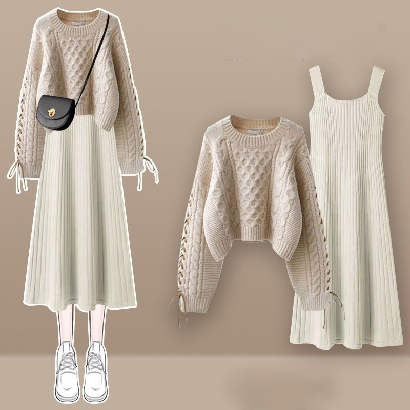 法式桔梗設計感針織毛衣無袖連身裙兩件套(3色)