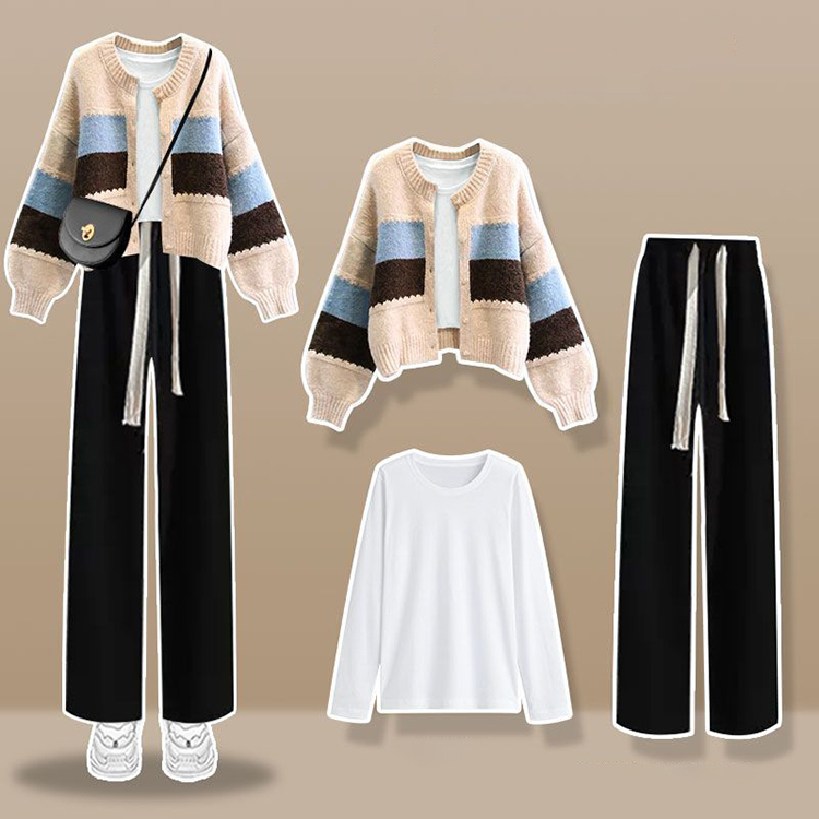 洋氣針織開襟衫+白色長袖T卹+顯瘦休閒寬褲三件套(4色)