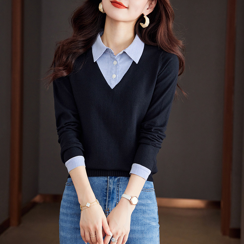 POLO領假兩件拼接格紋長袖針織衫