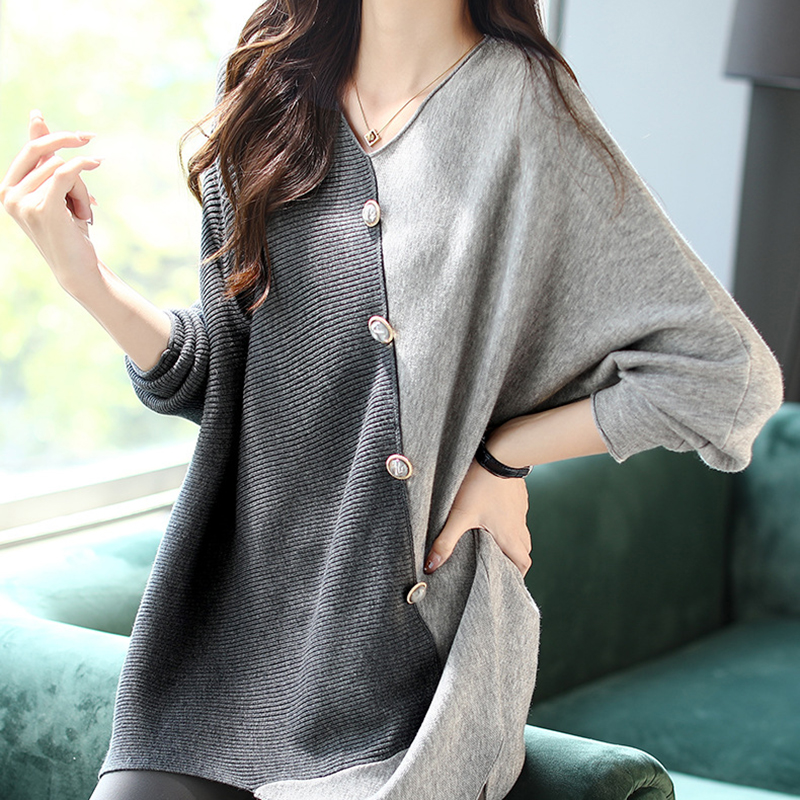 蝙蝠袖撞色拼接寬鬆針織衫