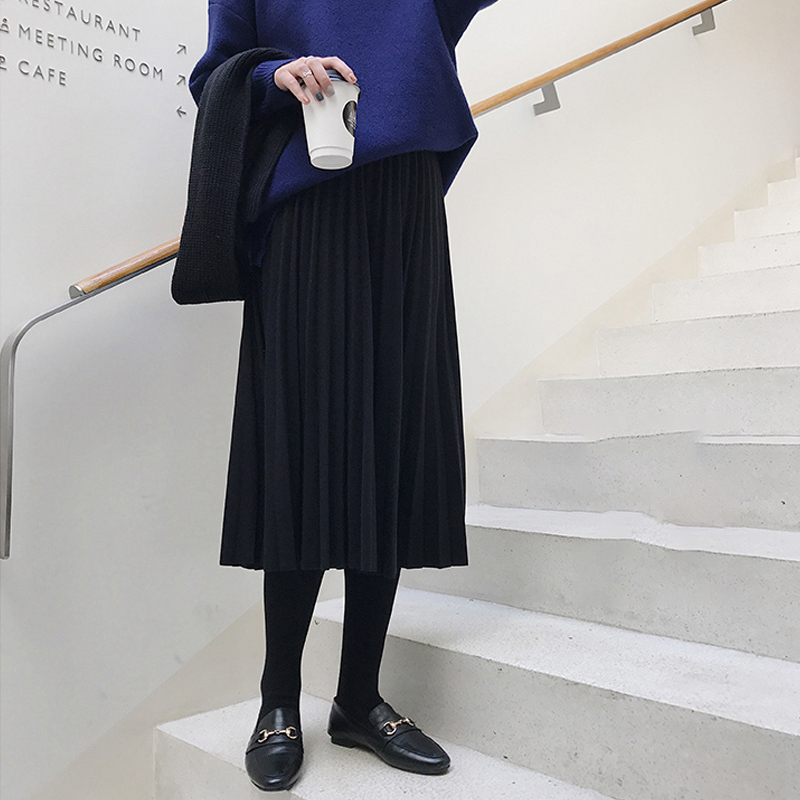 A字百褶鬆緊高腰中長款半身裙(3色)