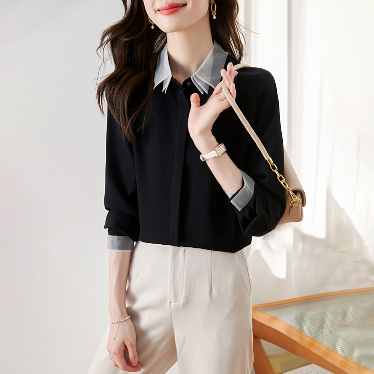 小眾復古拼色POLO領疊穿燈籠袖襯衫