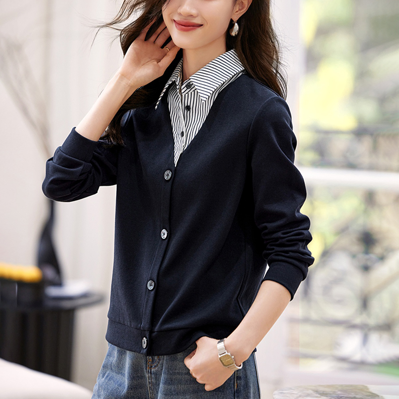 簡約POLO領假兩件條紋拼接襯衫