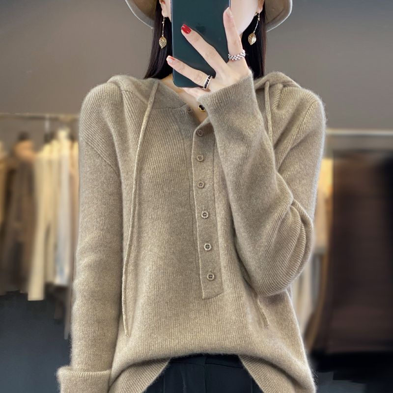 寬鬆紐扣肌理感連帽針織毛衣(5色)