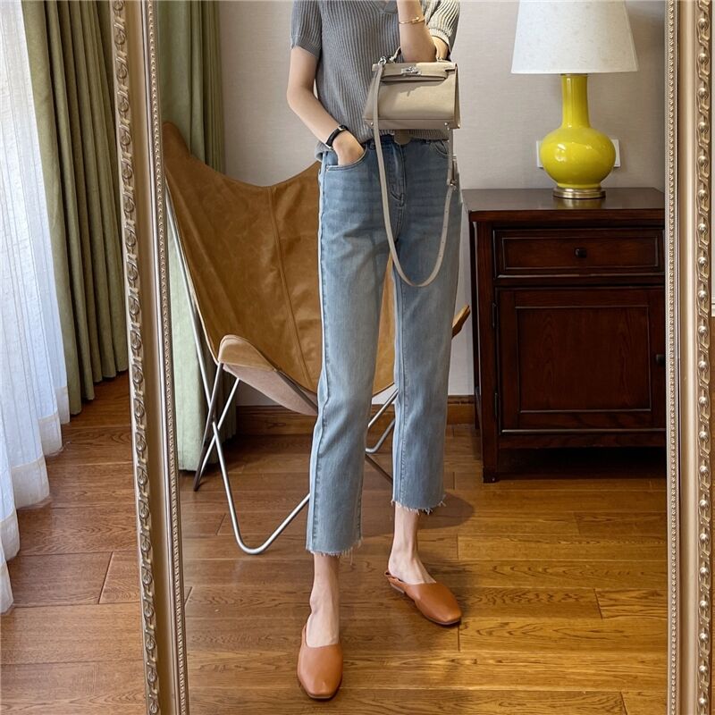 洋氣薄款高腰直筒彈性九分牛仔褲