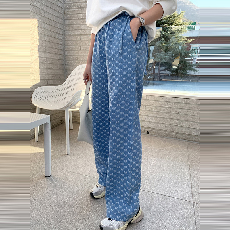 韓系復古蝴蝶結提花直筒繫帶水洗牛仔褲