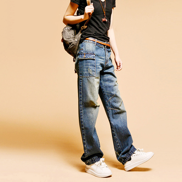 復古高腰大兜水洗磨破燈籠牛仔褲